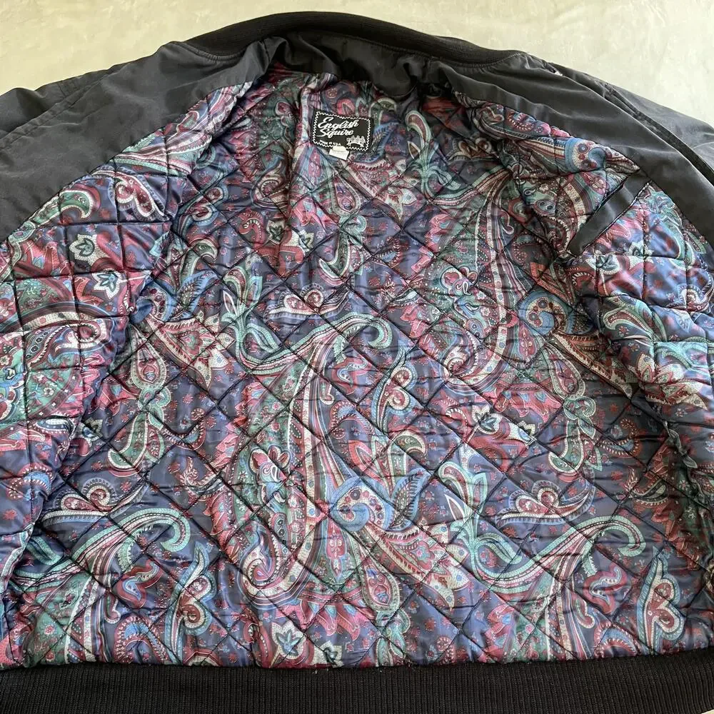 Vintage English Squire Jacket Mens XLT Blue Nylon Bomber Quilted Paisley Lined